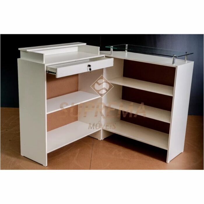 Balcão L para Caixa - Recepção 100% MDF com Vidro Branco 2