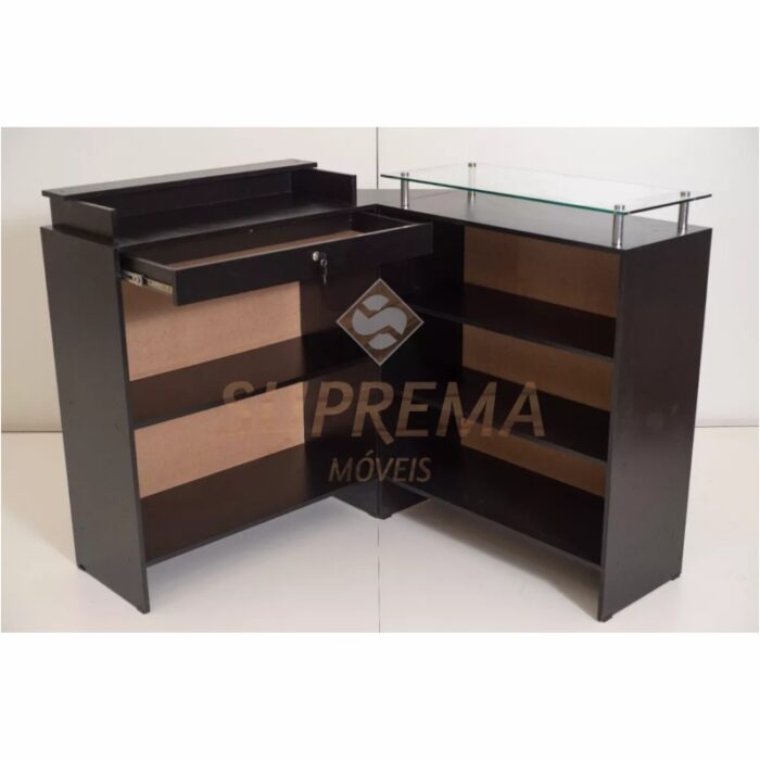 Balcão L para Caixa - Recepção 100% MDF com Vidro Preto 3